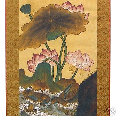 Silk Wall Deco Hanging Scroll Lotus Duck Retro Painting  