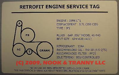 1994 LT1 5.7L Impala Retrofit Engine Service Tag Swap  
