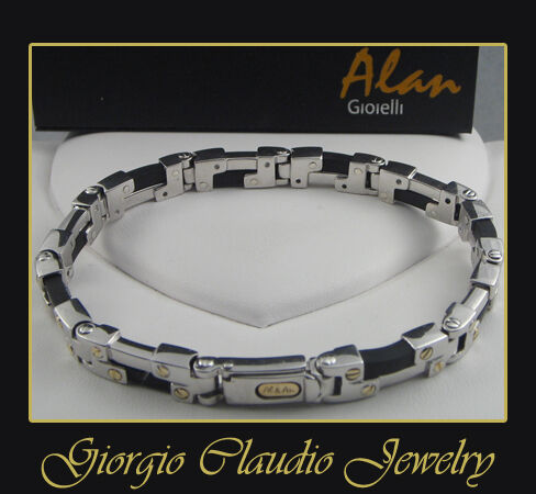 Men´s bracelet ALAN silver & rubber and 18 kt. gold  