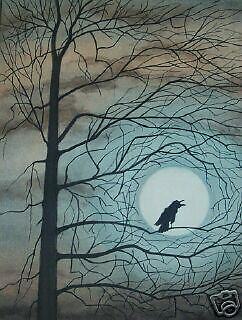 CROW/RAVEN painting Full Moon/tree signed Lynch Print  