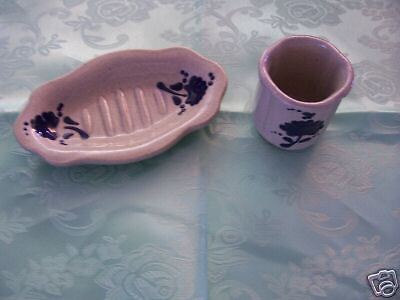 Pottery Soap Dish & cup Glazed & cobalt makers marks  