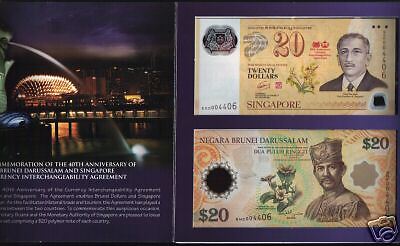 SINGAPORE BRUNEI $20 NEW 2007 COMMEMORATIVE UNC POLYMER NOTE + FOLDER CURRENCY  - Picture 1 of 1