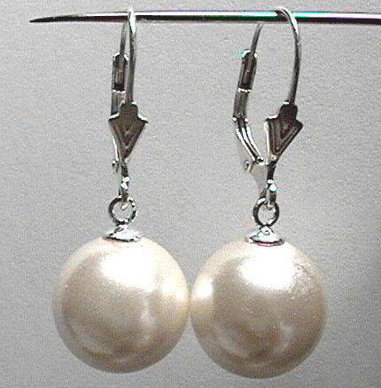 12mm CREAM WHITE Shell Pearl LEVERBACK Dangle EARRINGS  