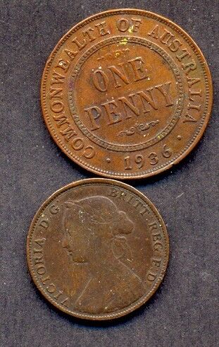 UK 1/2 PENNY COIN,,1861+AUSTRALIA 1PENNY1936 COOPER VF  